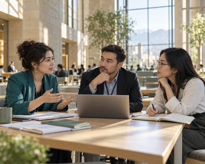 Researchers exchanging ideas in a contemporary university setting