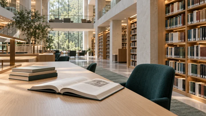 A contemporary research library with scholarly books and reading spaces